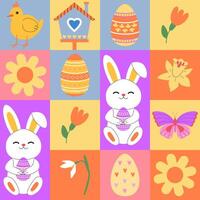 Abstract geometric Easter seamless pattern. Geometric mosaic. Colorful Easter bunny, chick, eggs and flowers. Spring time. Eggs hunt. Banner, background, digital paper. vector