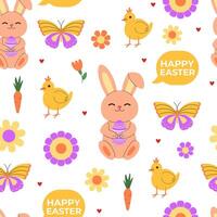 Bright spring floral seamless pattern. Cute Easter bunny, chicks, eggs, flowers. Background, backdrop, digital and wrapping paper. vector