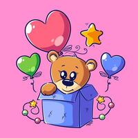 Cute bear is in the box with balloons vector