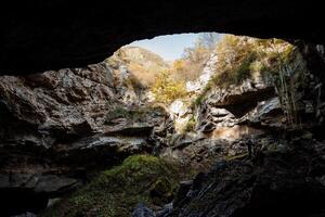 luz de sol penetra y ilumina el salida desde el cueva, el paredes son cubierto con verde musgo. explorador cuevas y fauna silvestre foto