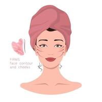 Facial massage lines direction scheme. How to do gua sha massage infographic. Portrait of young woman in towel on head with gua sha scraper for presentation, make-up, beauty, web, blog, social media. vector