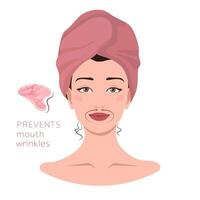 Facial massage lines direction scheme. How to do gua sha massage infographic. Portrait of young woman in towel on head with gua sha scraper for presentation, make-up, beauty, web, blog, social media. vector