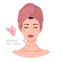 Facial massage lines direction scheme. How to do gua sha massage infographic. Portrait of young woman in towel on head with gua sha scraper for presentation, make-up, beauty, web, blog, social media. vector