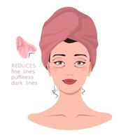 Facial massage lines direction scheme. How to do gua sha massage infographic. Portrait of young woman in towel on head with gua sha scraper for presentation, make-up, beauty, web, blog, social media. vector