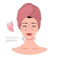 Facial massage lines direction scheme. How to do gua sha massage infographic. Portrait of young woman in towel on head with gua sha scraper for presentation, make-up, beauty, web, blog, social media. vector