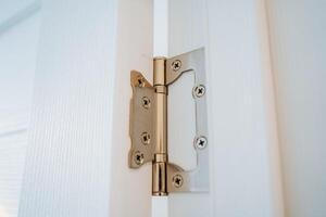 Mortise hinges on the white door. Home improvement. Hinges for interior doors. Wooden door in the house. Close-up photo