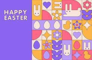 Happy Easter greeting card with geometric Pattern. Modern simple elements abstract style. Set of vector Easter illustrations - Easter eggs, rabbit, flower, chick. Perfect for poster, cover, postcard.