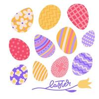 Cute hand drawn Easter eggs set. Flat hand drawn Shell decorated with different shapes, lines and circles in various colors. Simple icons and elements for posters and holiday banners vector