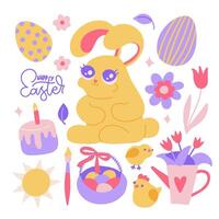 Cute set of Easter elements with rabbit, eggs, flowers, chick. Vector flat hand drawn illustration for greeting cards, posters,ad