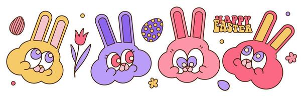 Groovy hippie Happy Easter characters. Set of Easter bunnies muzzles in trendy retro 60s 70s cartoon style. Rabbits heads. Contour vector illustration with cute eyes.