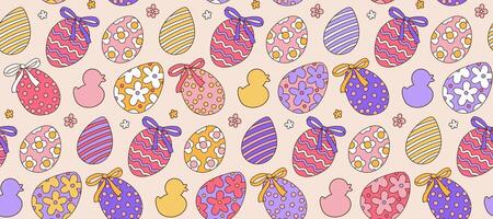 Seamless pattern with doodle colorful painted Easter eggs. Vector doodle colorful background, design for wrapping, wallpaper, invitations for Easter holiday. Hand drawn background for spring holiday