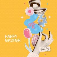 Happy Easter greeting card template in temporary vintage collage style. Square greeting brochure with painting color eggs, rabbit hunt, mouth, tulip. Vector pop art illustration.