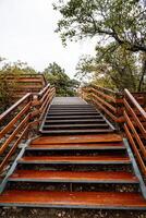 un brillante naranja metal escalera yendo arriba, un parque estiramientos alrededor él. descendencia a el río. foto