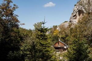 de madera casa en el bosque entre el montañas. gruta en un montañoso ambiente. brillante soleado día en el montañas, un caminar mediante el bosque a el forestal casa. abeto y pino foto