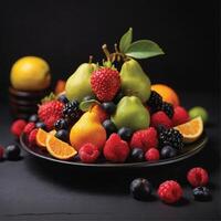 AI generated fresh fruits on a plate black background photo