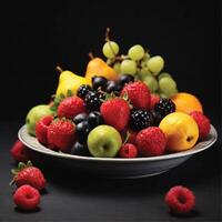 AI generated fresh fruits on a plate black background photo