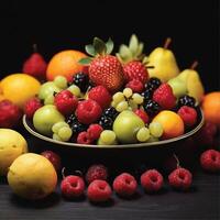 AI generated fresh fruits on a plate black background photo