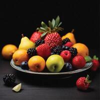 AI generated fresh fruits on a plate black background photo