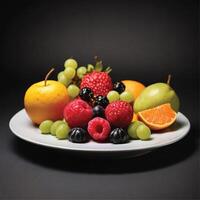 AI generated fresh fruits on a plate black background photo