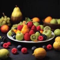 ai generado Fresco frutas en un plato negro antecedentes foto