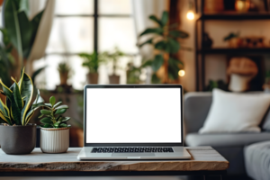 AI generated Laptop Screen Mockup on Wooden Desk, Living room Cozy Style png