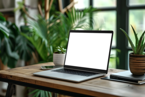 AI generated Wooden Desk Minimalistic Laptop Screen Mockup Side angle png