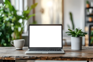 AI generated Minimalist Wooden Desk Laptop Screen Showcase Mockup png