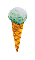 Mint or green tea ice cream scoop with cone watercolor png