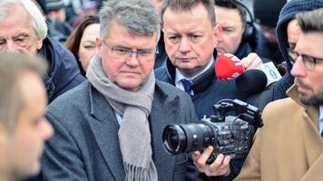 Warsaw, Poland. 7 February 2024. Former parliamentarian from the PIS party Maciej Wasik during a press conference in front of the Sejm photo