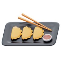 Dumpling 3d icon. Dumplings or gyoza with sauce in plate png