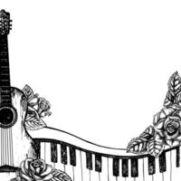 musical marco con guitarras, piano llaves, rosas, gráfico vector negro y blanco ilustración. para carteles, volantes y invitación tarjetas para saludo tarjetas y certificados