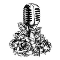 Retro microphone decorated with roses, graphic vector black and white illustration. Isolate it. For logos, badges, stickers and prints. For postcards, business cards, flyers and posters.
