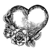 Graphic heart decorated with roses, graphic vector black and white illustration. A design element of a Valentine's Day postcard, a wedding invitation. For packaging and label, poster and flyer, print