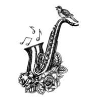 Saxophone with musical notes, decorated with roses and a nightingale, graphic vector black and white illustration. For posters, flyers and invitation cards. For logos, badges, stickers and prints.