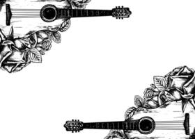 Musical frame with guitars, piano keys, roses, graphic vector black and white illustration. For posters, flyers and invitation cards. For greeting cards and certificates.