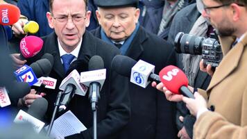 Warsaw, Poland. 7 February 2024.Former parliamentarian from the PIS party Mariusz Kaminski during a press conference in front of the Sejm photo