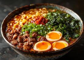 ai generado picante ramen con Cerdo huevo y vegetales en cuenco foto