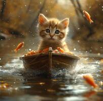 ai generado gatito y pez de colores en bote. pequeño gato lleva el barco de pescado hacia el río foto