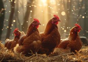 AI generated Hens sitting on hay in the rays of the rising sun photo