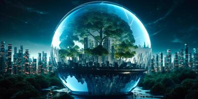 AI generated Eco city in glass ball photo