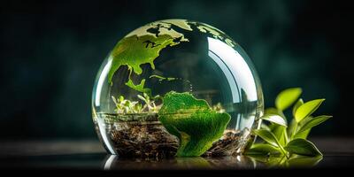 AI generated Green seedlings in glass globe photo