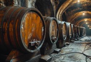 AI generated Wine barrels stacked in the old cellar of the winery photo