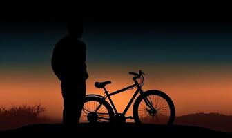 ai generado silueta de hombre con bicicleta en el antecedentes de el puesta de sol foto