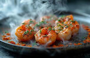 AI generated Shrimp sitting on top of a plate. A plate filled with succulent cooked shrimp covered in a dense cloud of smoke. photo