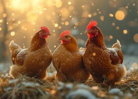 AI generated Hens in the hay. Chicken are sitting in straw on the ground, photo