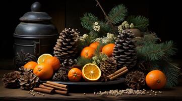 AI generated Christmas decoration with oranges cones cinnamon and nuts on dark wooden background photo
