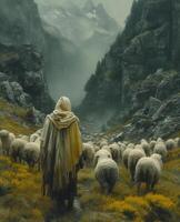 AI Generated Shepherd and sheep in the mountains photo