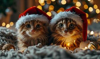 AI generated Ginger cats are dressed up in santa hats. Two cute cats wearing festive Santa hats sit atop a soft blanket. photo