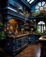 AI generated A blue kitchen with a blue dresser. The interior of the old kitchen in the style of steampunk photo