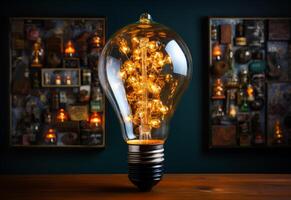 AI generated Lightbulb glowing in the dark with vintage interior decoration photo